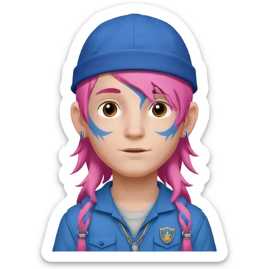 scout boy long hair face tatooes pink haired, wearing blue cap sticker