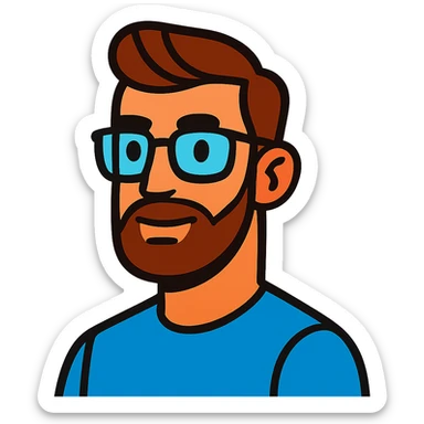 vibrant toon style male with glasses, French cut hairstyle, brown hair, fine full beard sticker