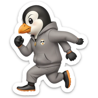 friendly anthropomorphised penguin wearing a mafia-style tracksuit, secretive scheming pose, soprano vibe, angry expression, running with a determined sprint, holding a knuckle duster sticker
