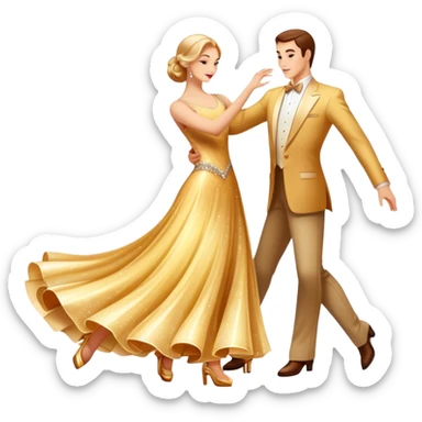 Humanless Icon for Ballroom Dance: elegant ballroom dance shoes, a sparkling dress, and a dance floor with a spotlight. The icon should capture the grace and elegance of ballroom dancing, with emphasis on movement and rhythm. Transparent background. sticker