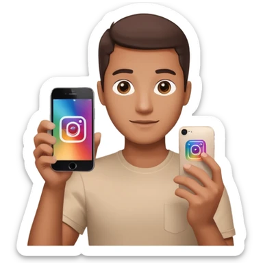 A man in frontal view holding up an iPhone toward the camera. The screen of the iPhone clearly displays the Instagram logo, brightly illuminated. The man is well-lit, sharp focus, modern clean background, high-resolution, professional aesthetic. sticker