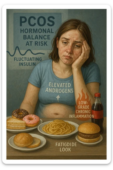 Donna tra i 25 e i 35 anni, seduta a tavola con un’espressione stanca e gonfia. Sul tavolo ci sono alimenti sbagliati per la sua condizione: dolci raffinati, pane bianco, pasta, bibite zuccherate. Intorno al suo corpo si vedono elementi simbolici che rappresentano gli effetti della PCOS peggiorata: insulina fluttuante, androgeni elevati, infiammazione bassa cronica. La sua pelle appare acneica, gonfiore addominale visibile, sguardo affaticato. Sullo sfondo, un cartello sfocato con scritto 'PCOS – equilibrio ormonale a rischio'. Stile realistico con elementi simbolici, toni freddi ma chiari sticker