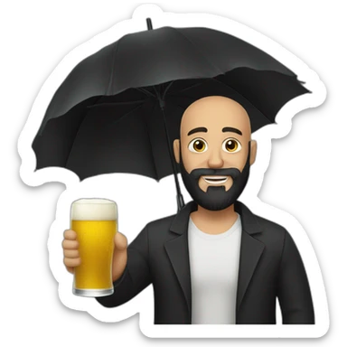 black bearded and a bit bald man holding a beer and a black umbrella sticker