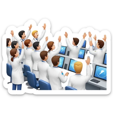 cheering mission control room with big screen showing successful rocket launch sticker