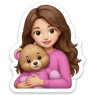girl with long wavy brown hair, brown eyes, light to medium complexion, in a pink shirt, pink lips, long lashes, smiling, hugging a teddybear sticker