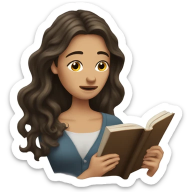 brunette long wavy hair woman crying tears down face while holding and reading book sticker