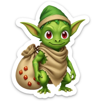 A pixel art goblin with a cloth sack over its back filled with dragon eggs. sticker