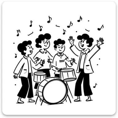 a festive scene with a group of people drumming and singing 'tung tung tung tung sahur', expressing joy and excitement, hand drawn doodle style sticker