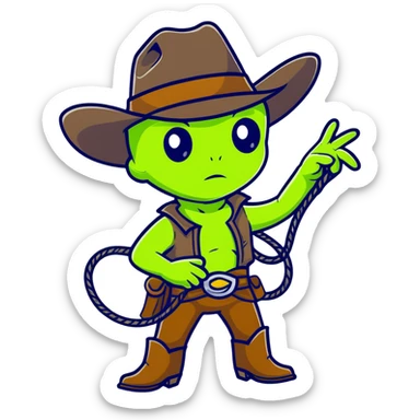 Green alien cowboy with cowboy hat and lasso sticker