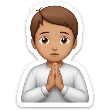 Person apologizing with hands together in prayer position, sorry face sticker