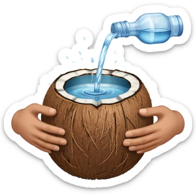 An uncut coconut with water being poured over it with hands cupping water sticker