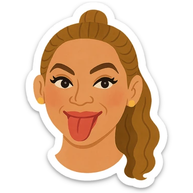 Create an image of Beyoncé's head in the style of the reference image which is Irasutoya-inspired, simple cartoon style with soft colors, a round face, iconic features, and a cheerful expression. The image should have no background and match the style of the reference closely. sticker