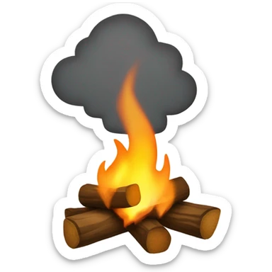 Create an emoji showing a small campfire with glowing flames under a starry night sky. Include a crescent moon and tall pine trees in the background. Use soft lighting and warm colors to evoke a cozy, outdoor camping vibe. sticker