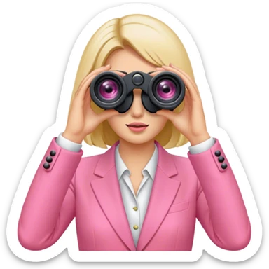 woman in a pink suit looking through two-eyed binoculars, front view sticker
