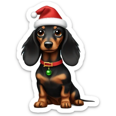 Mini long-haired, dachshund, black and brown colors wearing a Christmas dress sticker