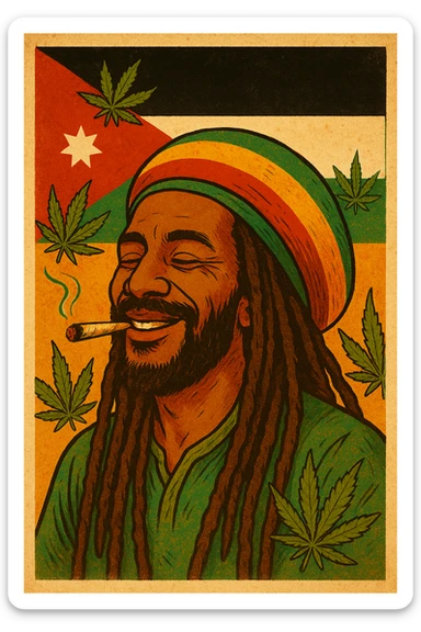 A digital vintage-style poster illustration of a Jordanian Rasta man with dreadlocks, wearing a red, yellow, green striped tam hat. He is smiling peacefully with a lit herbal spliff in his mouth. The background features the official Jordan flag — black, white, green horizontal stripes with a red triangle and a white 7-point star — accurately displayed behind him. Cannabis leaves are tastefully arranged around the composition, and the poster includes Rasta color textures blended with the Jordanian palette. Use a retro poster style with warm, slightly aged textures, bold outlines, and soft shading to evoke a soulful reggae vibe that honors both Jordanian pride and Rasta spirit. The mood is chill, powerful, and respectful sticker