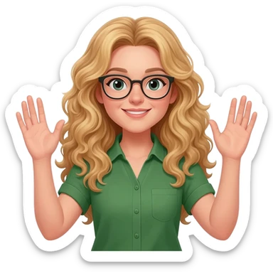 green shirt hands in the air woman with long curly blonde hair an glasses sticker