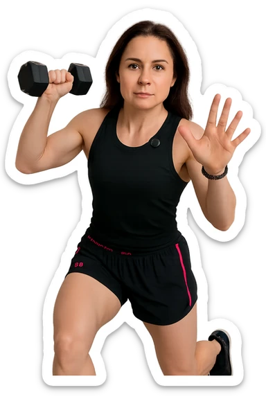 Allenamento ad alta intensità donna mentre fa pesi con in mano due manubri sticker