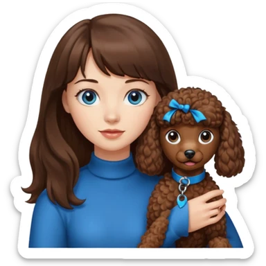 Kobieta z długimi brązowymi włosami, ma grzywkę i niebieskie oczy. Trzyma na rękach brązowego pudelka. sticker