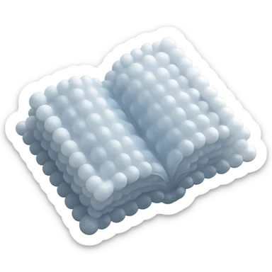 top view of a thick open book made entirely of small, very bright white fluffy convex clouds, matte glass style sticker