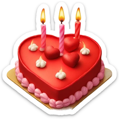 Red heart shaped birthday cake, top view, 4 candles sticker