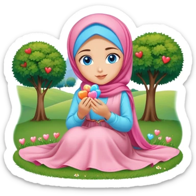 Turkish beautiful finish Konya girl blue eyes with candy hijab long tail dress and sits on the grass on the ground and sends hearts with her hand  sticker