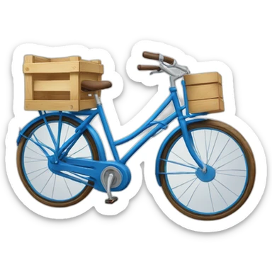 blue step-through bicycle with wooden crate on rear sticker