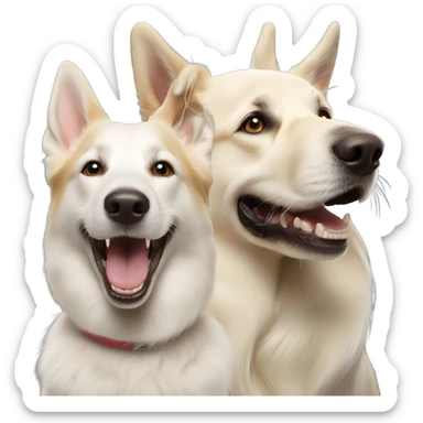 One white German shepherd dog barking and her cream golden retriever sister smiling  sticker