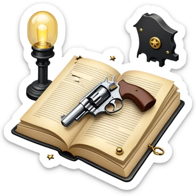 Icon for Action & Crime Reading: an open book with dramatic crime scenes—bullet holes on pages, a detective badge, a revolver and a getaway car. Surrounding elements include a flickering streetlight. Transparent background. sticker