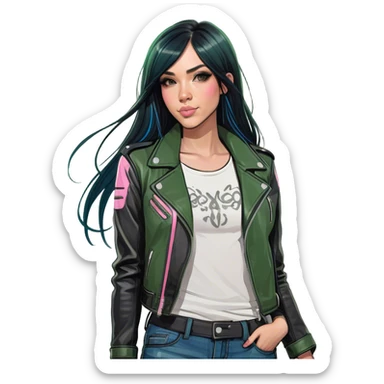 a girl with long black hair with pink streaks  sticker