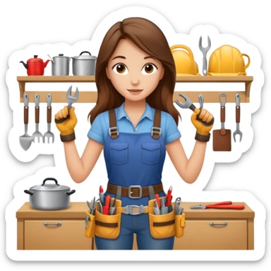 beautiful girl with long brown hair constructing new kitchen sticker