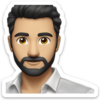 close up of white skin indian in plain white shirt with sleeve up and quiff black hair style and beard sticker