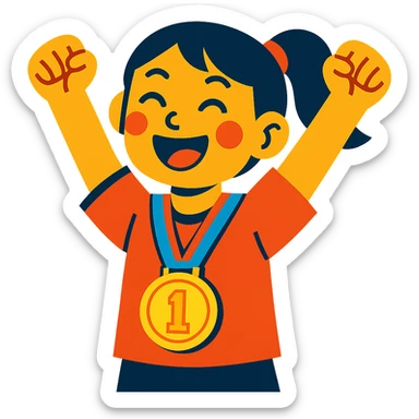 asian girl celebrating with a gold medal, vibrant and cheerful style sticker