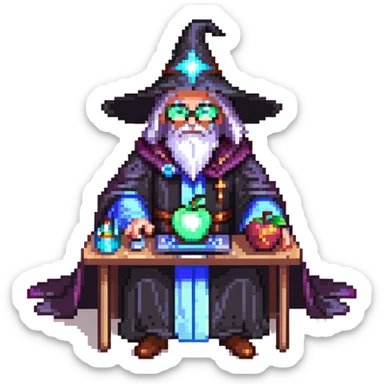 powerful wizard coding on an Apple laptop, glowing magical aura surrounding him, confident expression, looks like the ultimate boss of coding, wearing impressive dark robe sticker