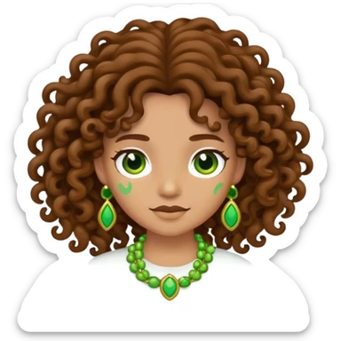 cartoon character with long brown curly hair and green accessories sticker