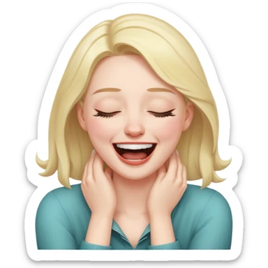 Woman choking herself with her hands around her neck while laughing with her eyes closed sticker