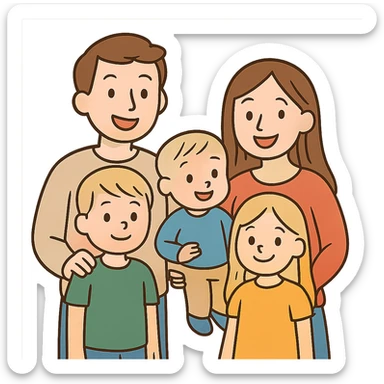 family of five: two parents with brown hair, one girl with blonde hair, one toddler boy with blonde hair, one older boy with blonde hair, friendly inclusive style sticker