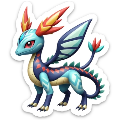 zig-zag-patterned tribal tropical hot spotted Meloetta-Dialga-Salamence-Giratina-Noivern-Pokémon-Fakémon-fusion-hybrid-creature sticker