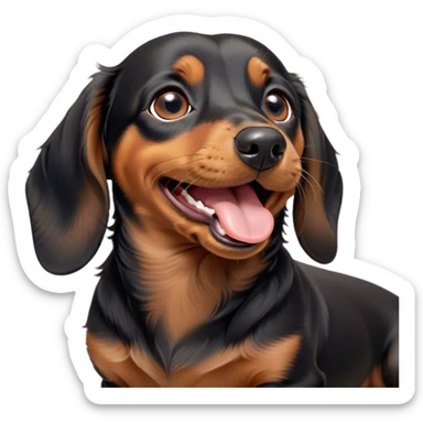 Cinematic Cute Yawning black and tan Dachshund Portrait Emoji, Head tilted slightly with a dramatic, wide-open yawn, showcasing a smooth black and tan coat with a subtle luster, floppy ears slightly drooping, round brown eyes barely open in drowsy contentment, Simplified yet irresistibly adorable features, highly detailed, glowing with a soft, cozy glow, high shine, relaxed yet expressive, stylized with a touch of whimsy, bright and endearing, soft glowing outline, capturing the essence of a sleepy yet affectionate companion, so drowsy it feels like it could stretch right out of the screen and curl up for a nap! sticker