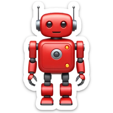 emoji-style red mini robot mascot, large white play button on chest, rounded body, glowing eyes, small arms and legs, friendly and helpful, flat design sticker