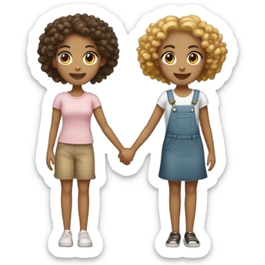 Full body, Two girls holding hands light skin  one  with a curly bun and one  with curly hair sticker