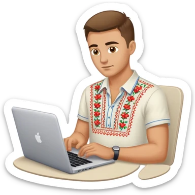 A Ukrainian guy in an embroidered shirt works at his laptop sticker