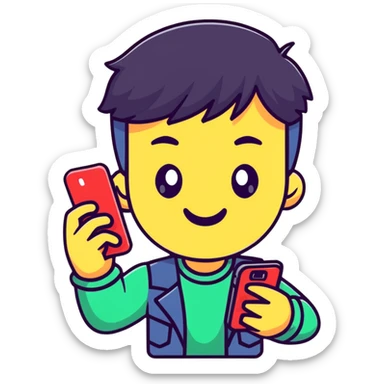 cheerful cartoon teenager holding a phone with 'Tax Refund!' notification, sparkling eyes, sticker design, transparent background sticker