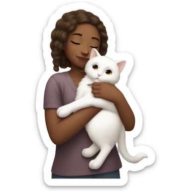 Browne girl snuggling fluffy white cat sticker