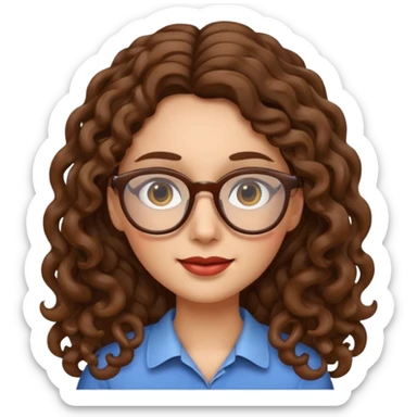 apple style emoji of a female face with long curly hair and glasses sticker