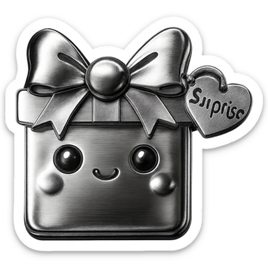 Recreate the blue heart-tagged pink gift in a chrome style, with the name 'Surprise' on the tag, no background. sticker