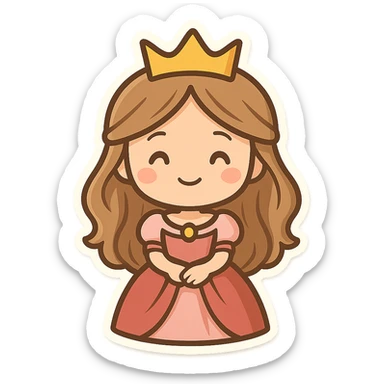 cartoon-style princess emoji with long hair, wearing a golden crown, smiling softly, dressed in a royal gown, chibi stickers style sticker