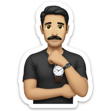 dark hair dark eye man with mustache looking at wrist watch sticker