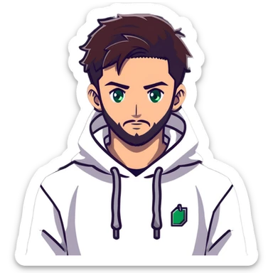 anime style male character with green eyes, dark brown undercut hairstyle, short beard, wearing white hoodie sticker