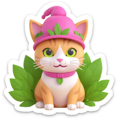 A cat with a pink hat and green leaves, light yellow background sticker